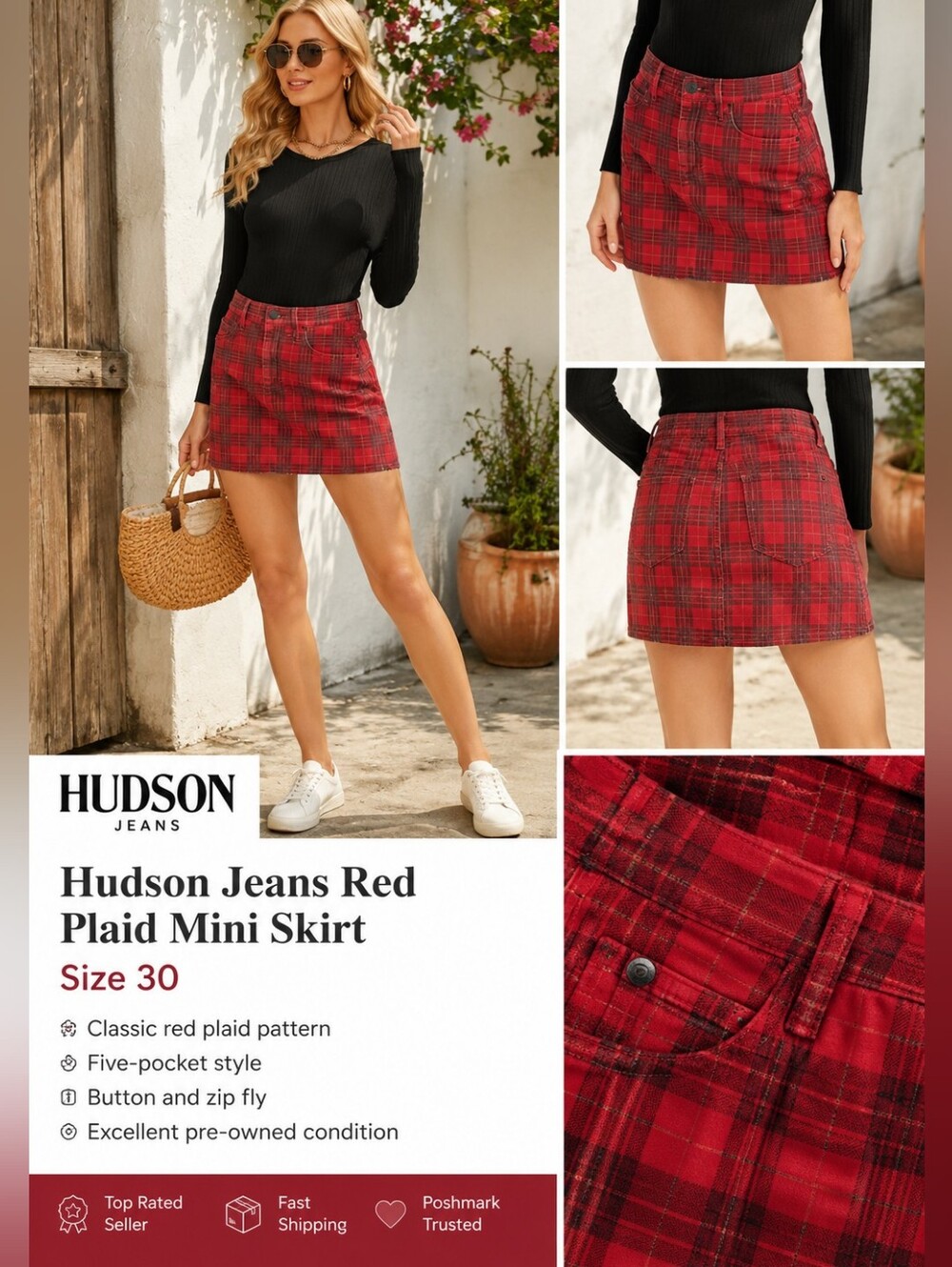 Hudson Jeans Red Plaid Mini Skirt SZ 30